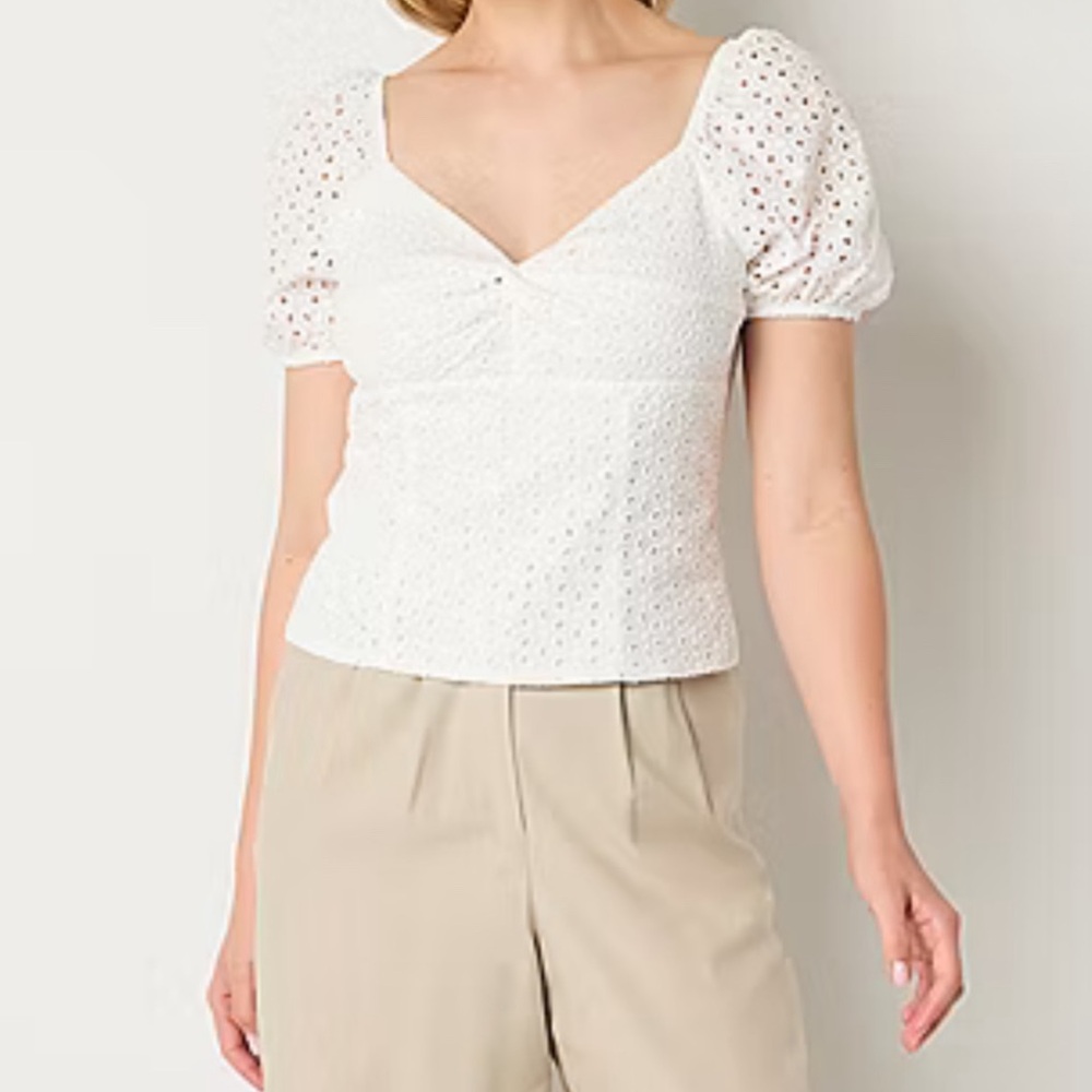 Brannan Womens Sweetheart Neck Short Puff Sleeve Eyelet Blouse White XXL NWT